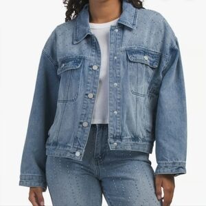 NWT Blank NYC Crystal Embelished Blue Denim Oversize Jacket Size Small